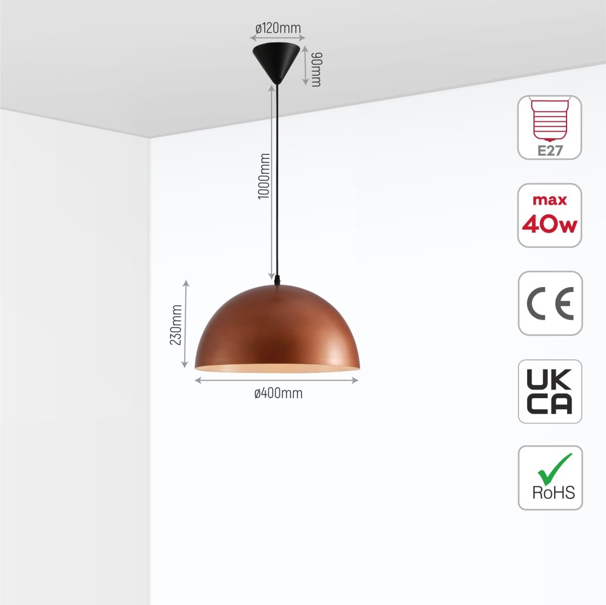 Size and specs of diameter with 400 mm Antique Copper Finish dome Metal Pendant Ceiling Light E27 Fitting 150-182011