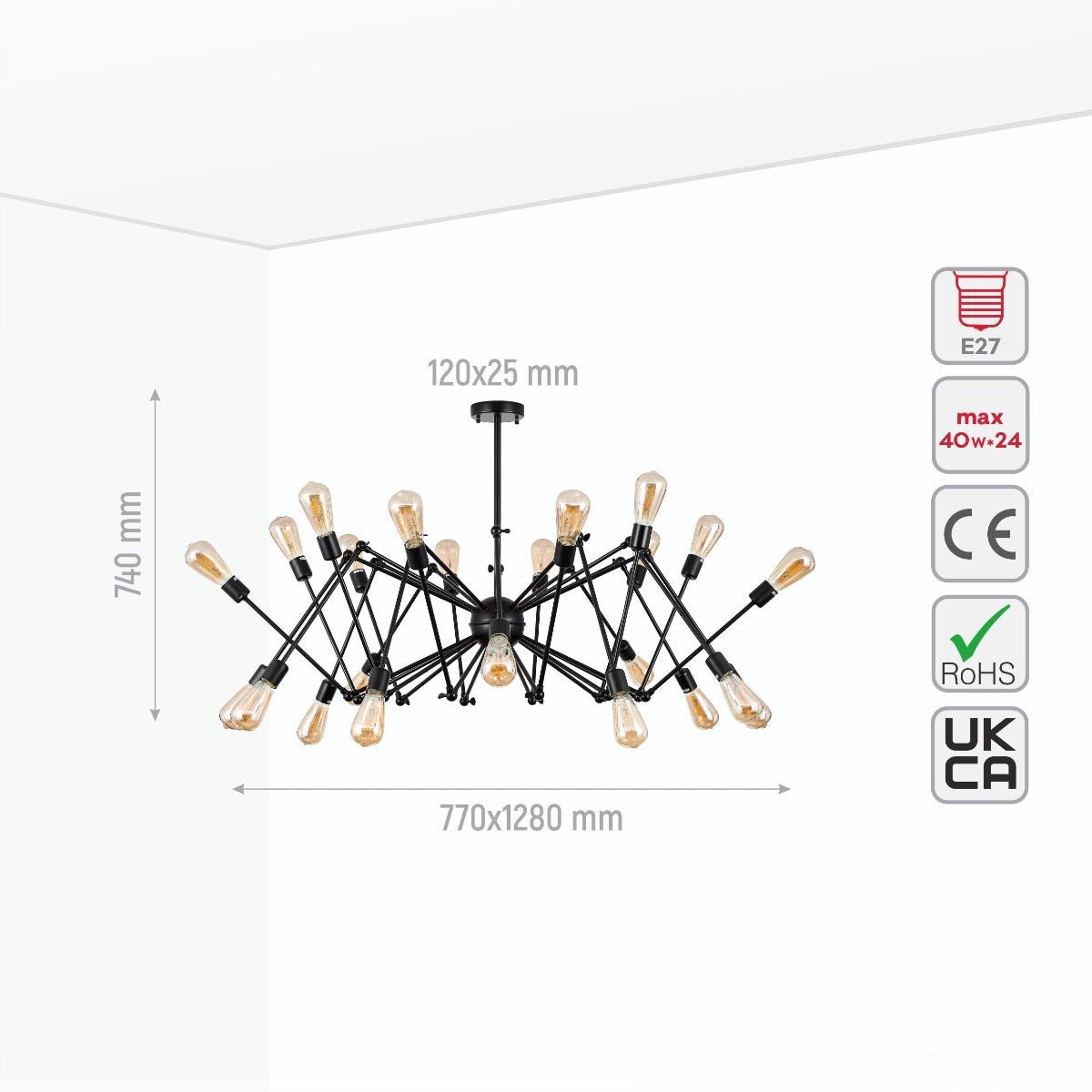 Product dimensions of black hinged rod metal spider chandelier with 24xe27 fitting  158-17589