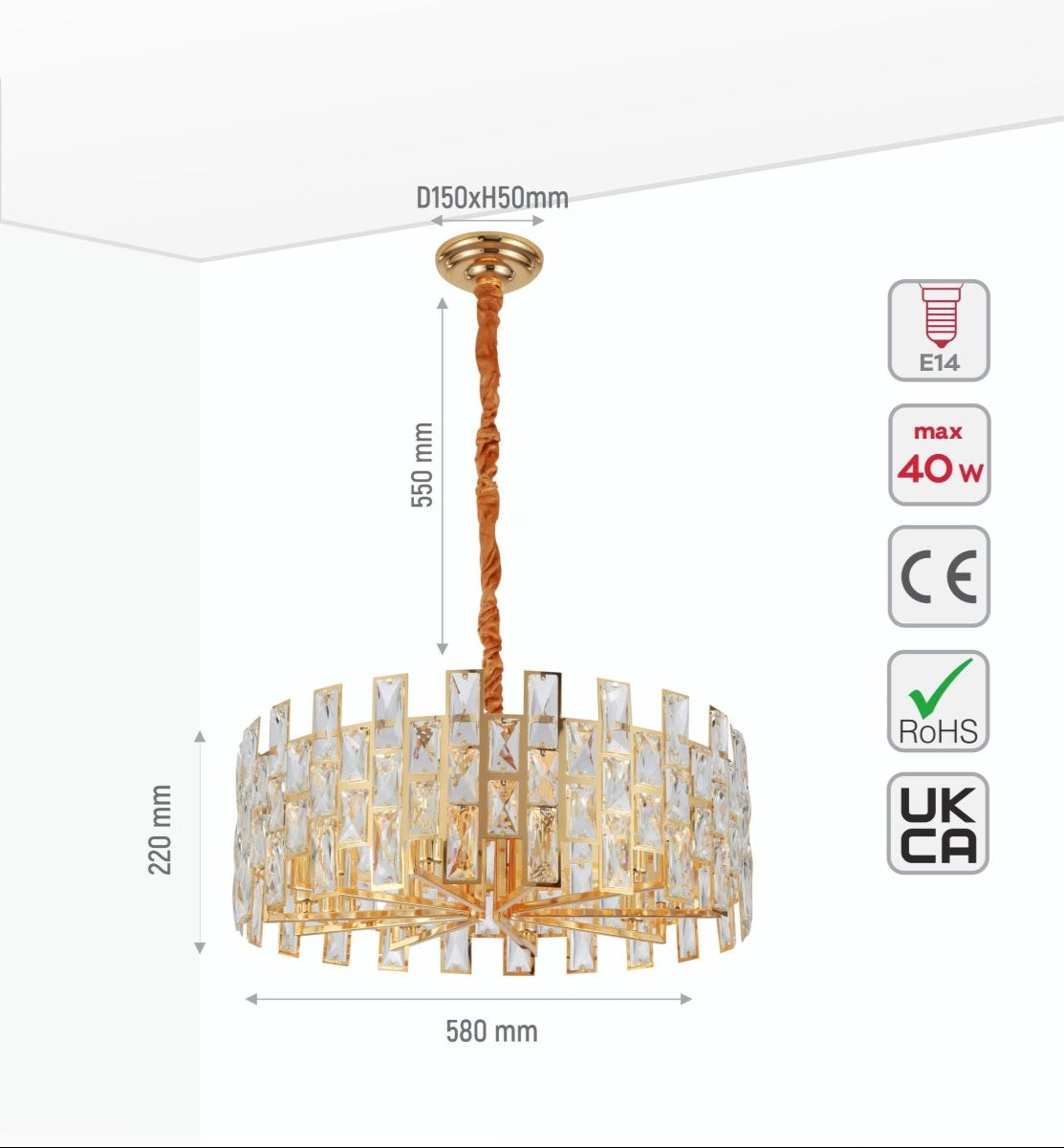 Size and specs of Coffin Stone Gold Metal Castle Crystal Island Chandelier Ceiling Light with E14 Fitting | TEKLED 158-19424