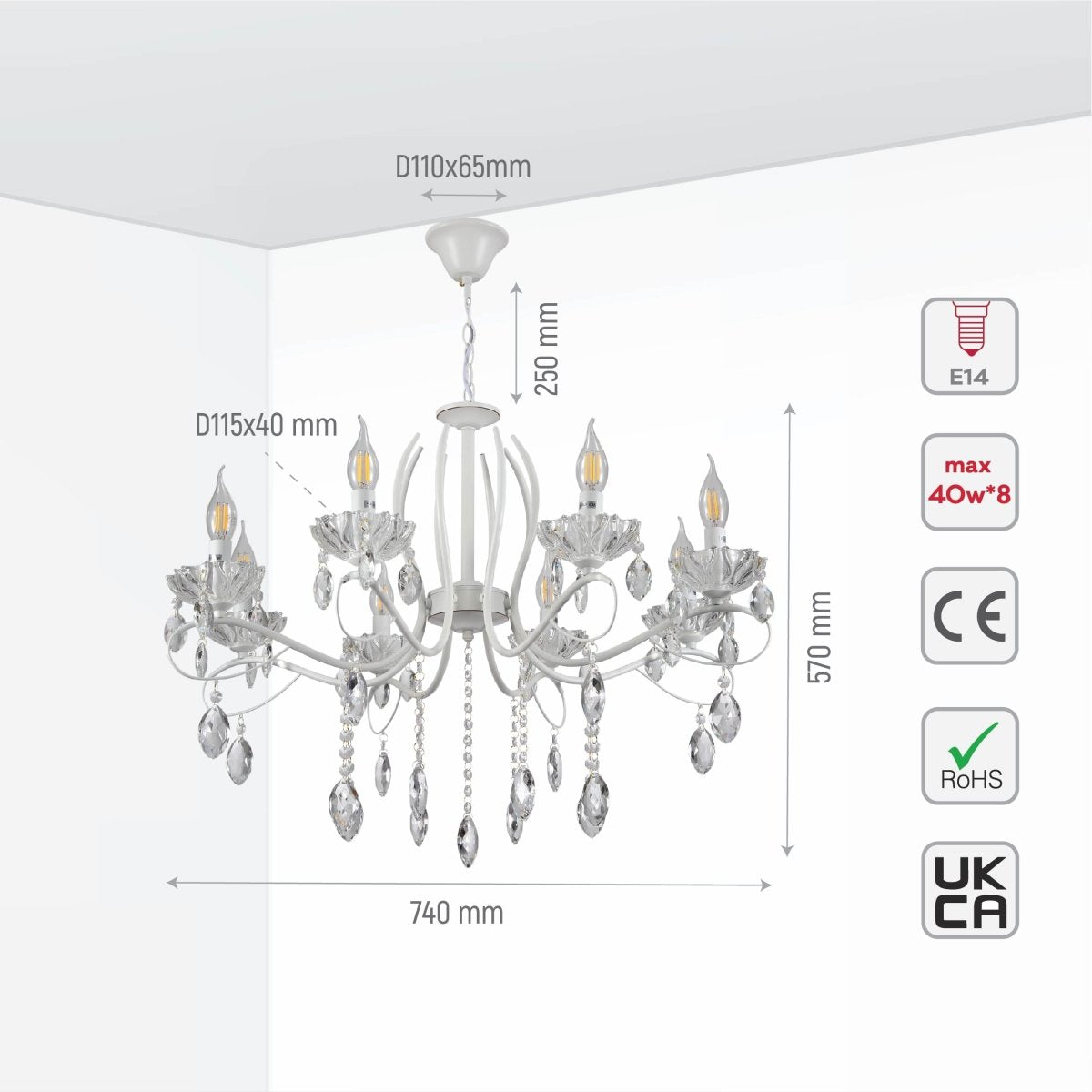 Size and specs of Tabitha Mediterranean Elegant Transitional Elizabeth Style Crystal Chandelier Ceiling Light E14 | TEKLED 159-17708