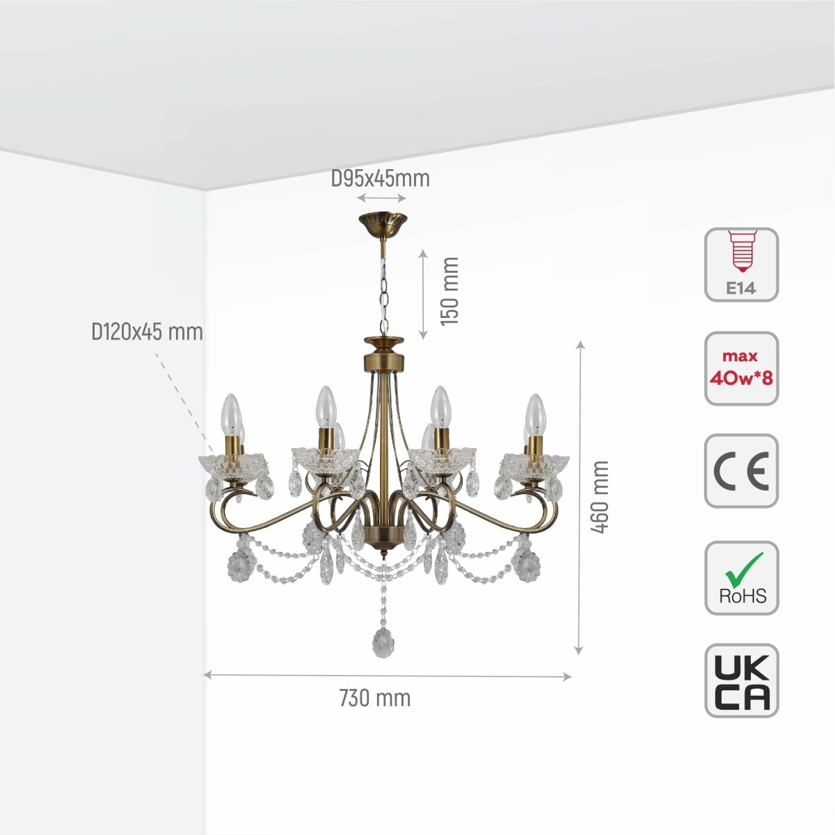 Size and specs of Mary Lillian Mediterranean Elegant Transitional Crystal Chandelier Ceiling Light E14 | TEKLED 159-17712