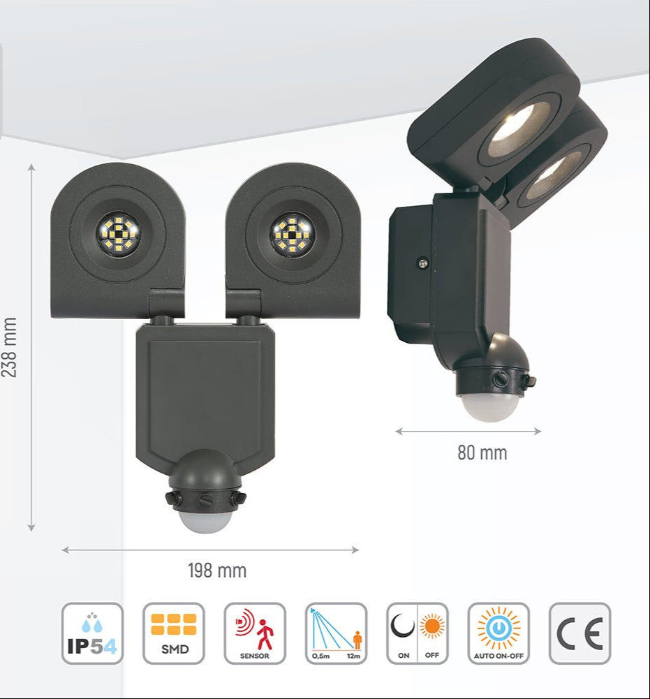 Graphical representation of dimensions and features of Wall-A Double Head Security Floodlight with PIR Sensor 20W Cool White 4000K