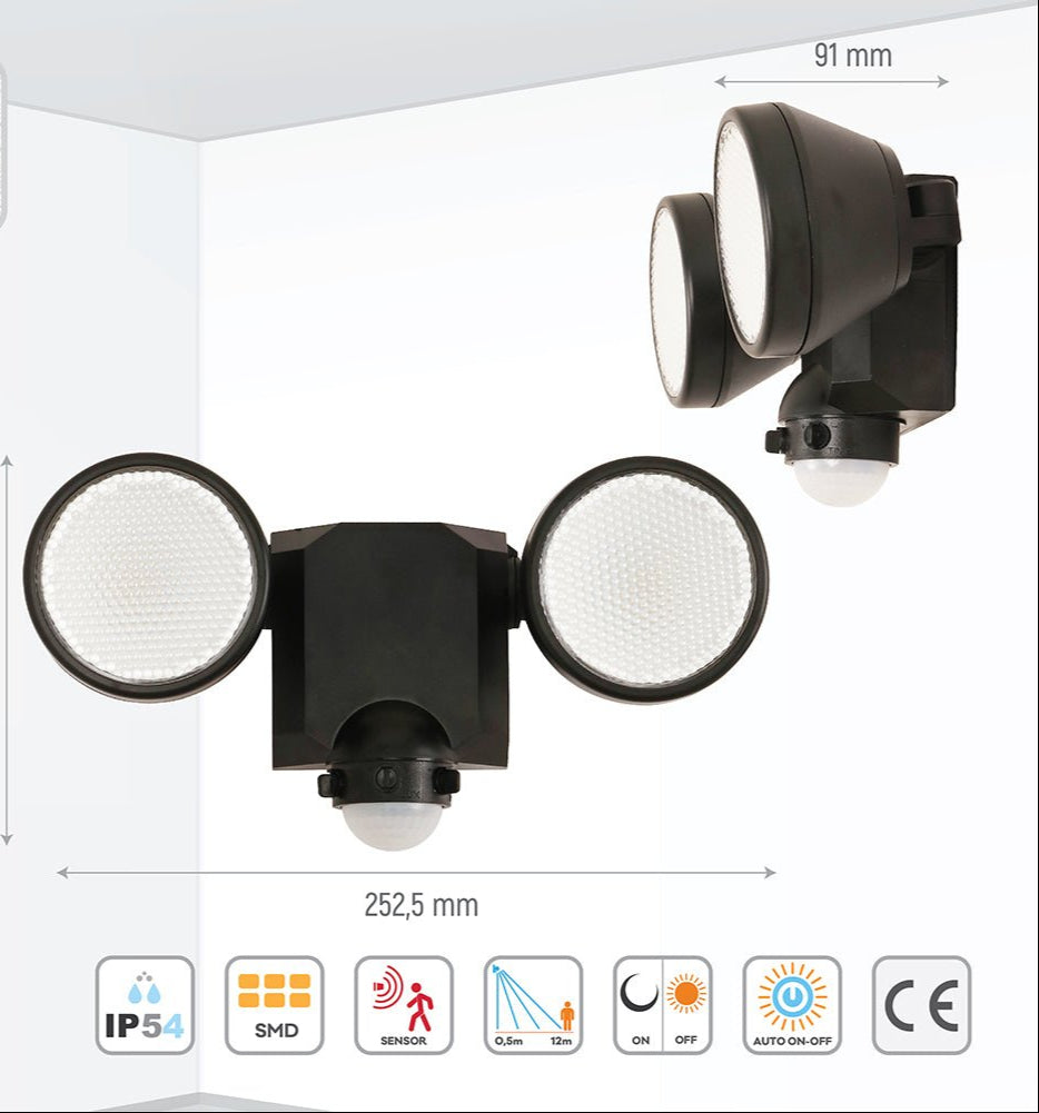 Graphical representation of dimensions and features of Wall-E Double Head Security Floodlight with PIR Sensor 20W Cool White 4000K