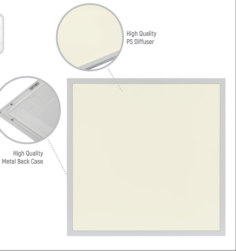 Close up of metal case and diffuser of LED Backlit Panel Light 38W 3800Lm 3000K Warm White 600x600 2x2ft Non-Flickering