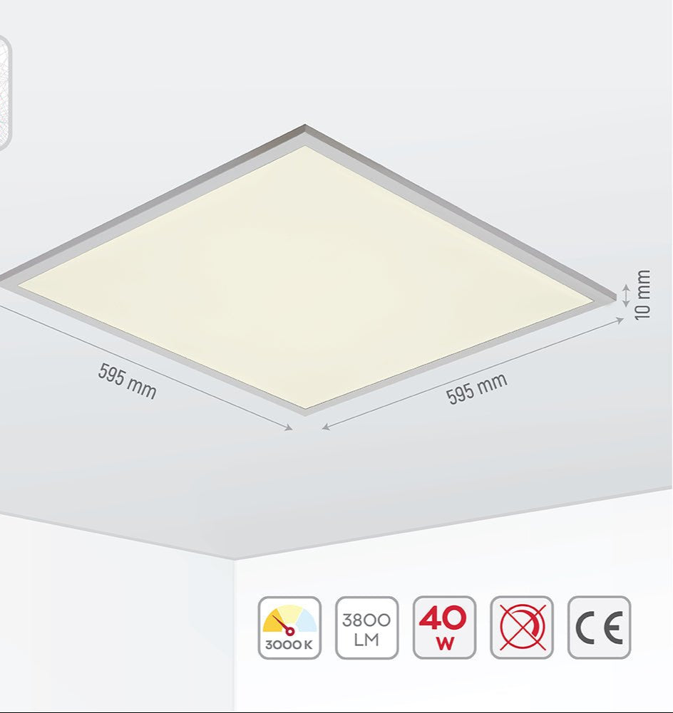 Graphical representation of dimensions and features of LED Backlit Panel Light 38W 3800Lm 3000K Warm White 600x600 2x2ft Non-Flickering