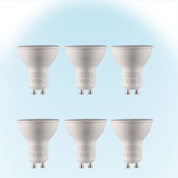 Main image of LED Light bulb shows light colour Lepus LED Spot Bulb PAR16 GU10 7W 6500K Cool Daylight Pack of 6 526-15070