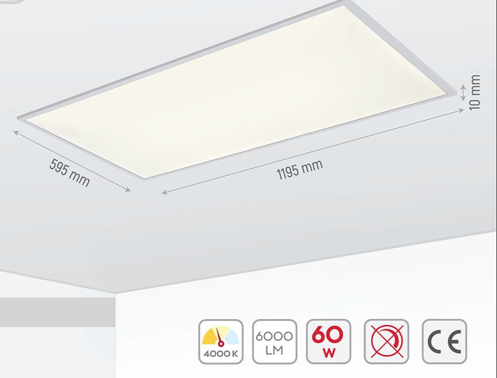 Graphical representation of dimensions and features of LED Backlit Panel Light 58W 6000Lm 4000K Cool White 1200x600 2x4ft Non-Flickering