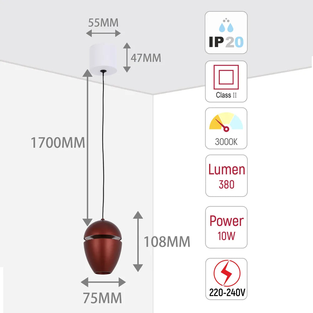 Size and technical specs of the Acorn LED Pendant Downlight with Cove Lighting Effect 10W Warm White-150-19072