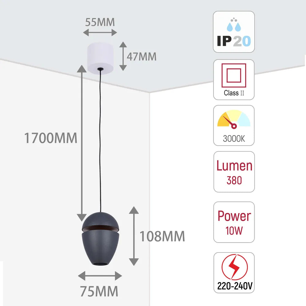 Size and technical specs of the Acorn LED Pendant Downlight with Cove Lighting Effect 10W Warm White-150-19076