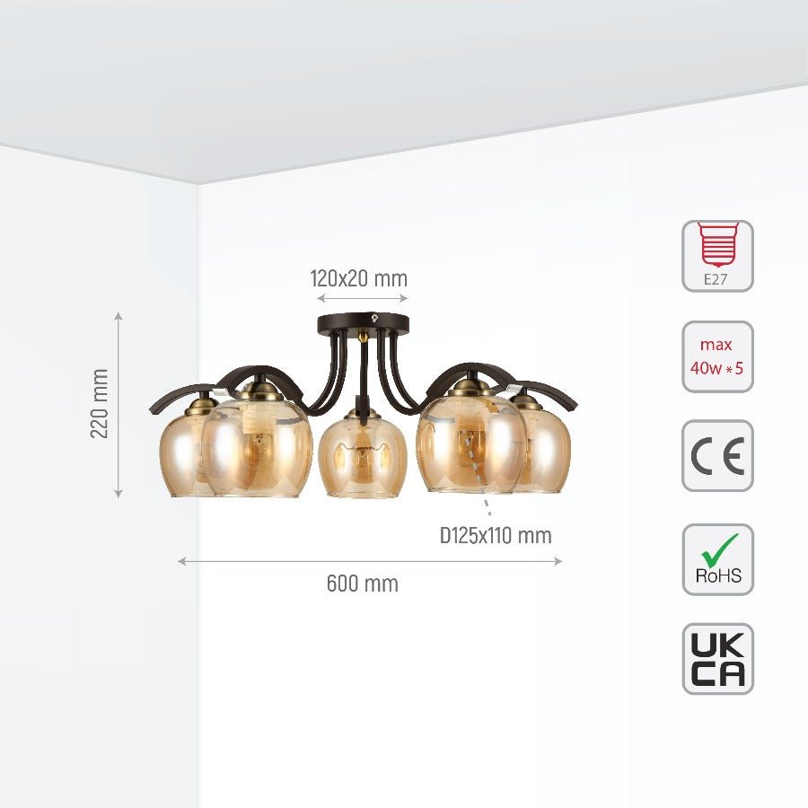 TEKLEDSemi-Flush Ceiling LightAmber Glass Black Semi-Flush Ceiling Light E27158-193621Dark Brown5 Lamp8