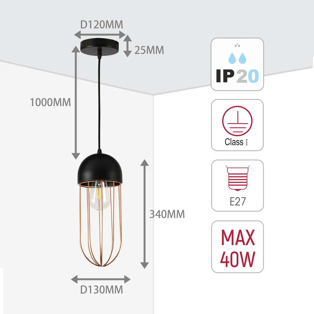 Size and technical specs of the Aurelia Black & Gold Cage Pendant Light-150-180820