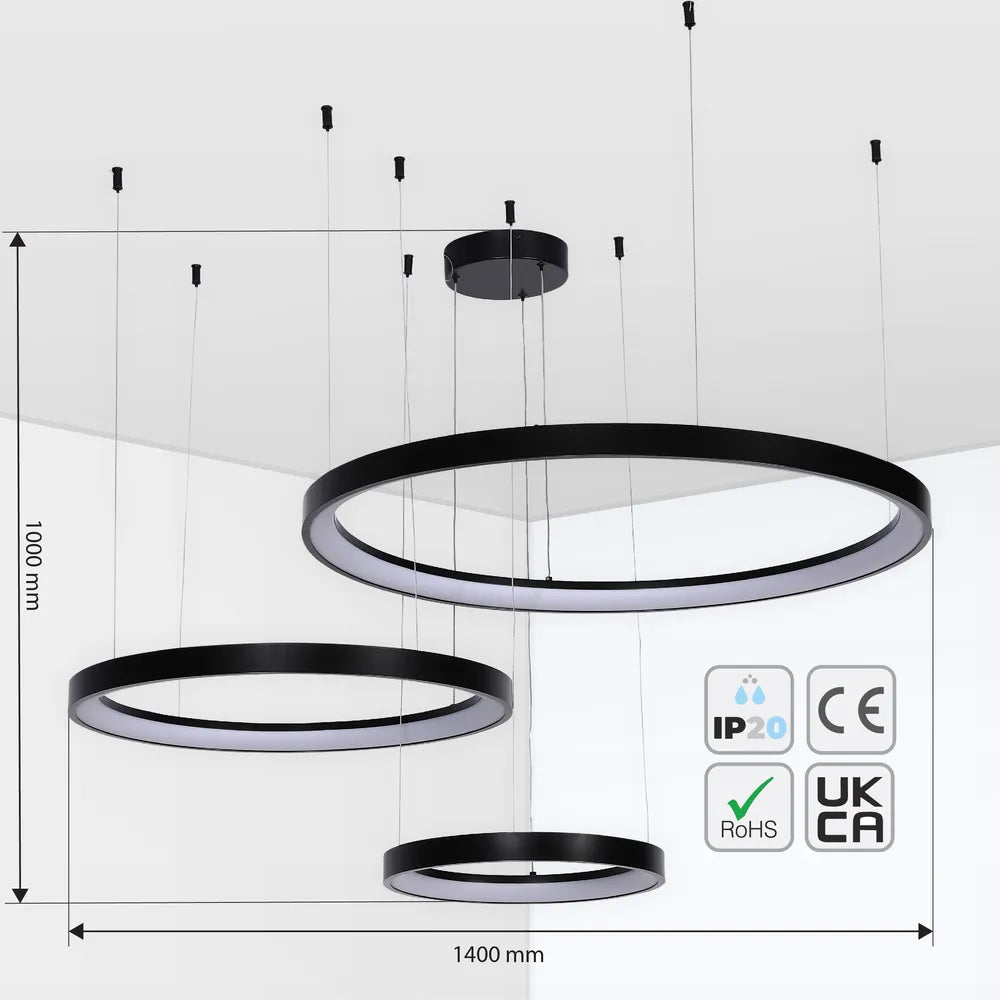 Size and technical specs of the Aurora Flow Dynamic LED Modern Pendant Ceiling Light (Customisable 3 Rings, CCT Adjustable)-159-18169