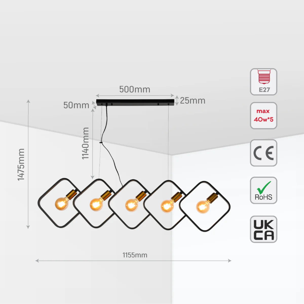 Size and certifications of Black Square Pendant Light - Dual-tone, 5-Holder Island Chandelier 150-19040