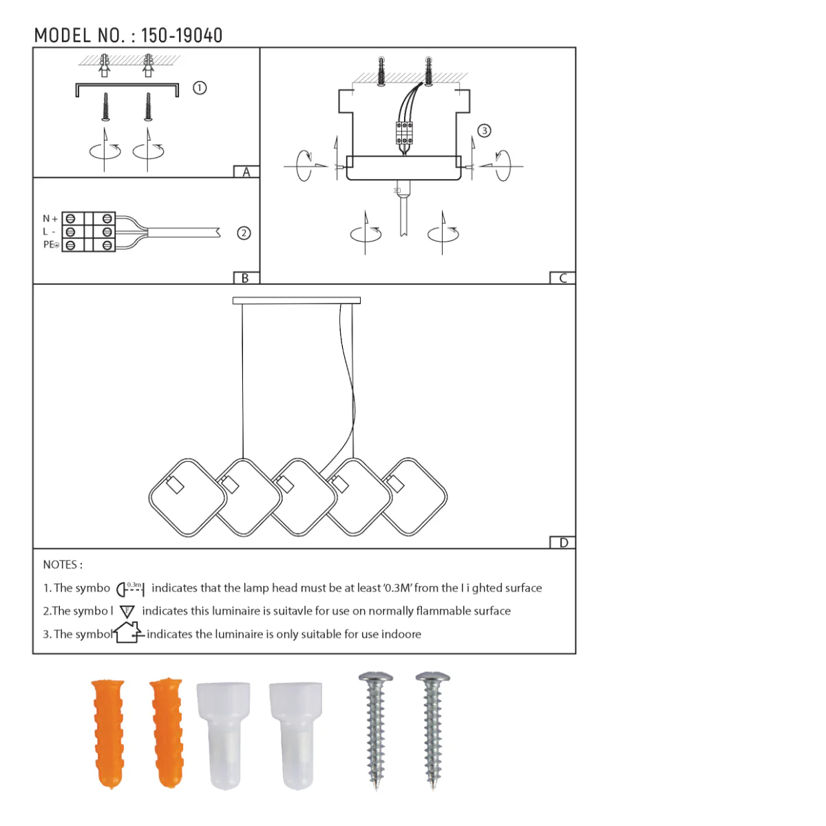 Technical specs of Black Square Pendant Light - Dual-tone, 5-Holder Island Chandelier 150-19040