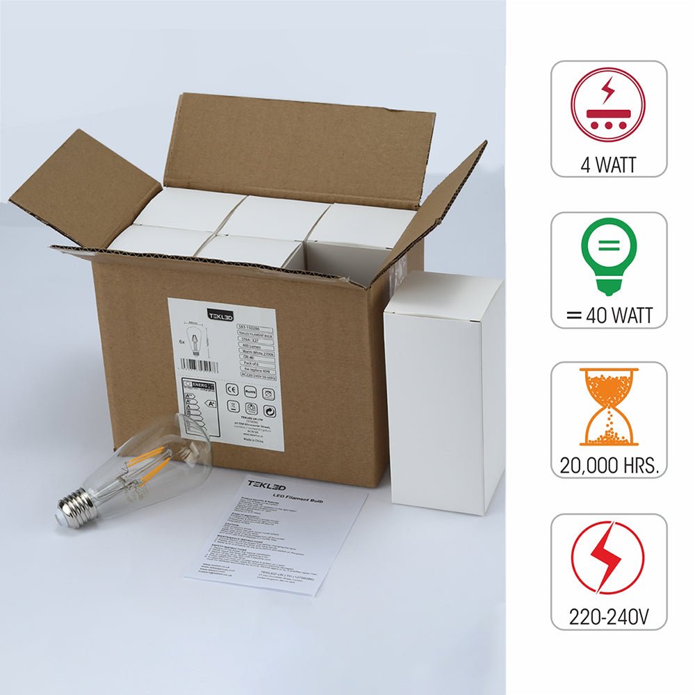 Box content and features of led filament bulb edison st64 e27 edison screw 4w 400lm warm white 2700k clear pack of 6