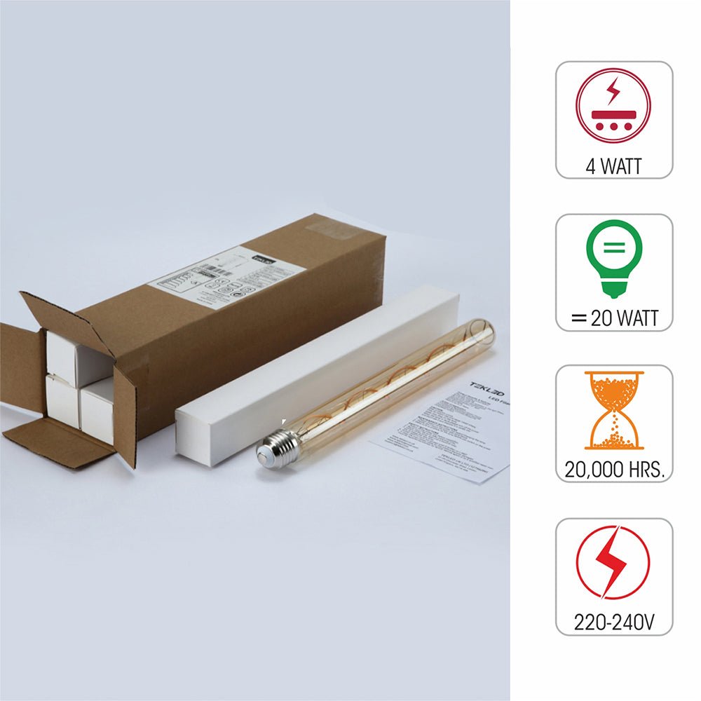 Box content and features of led filament bulb tubular t30 e27 edison screw 4w 230lm warm white 2500k amber 300mm pack of 4