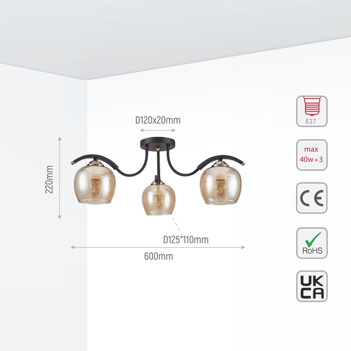 TEKLEDSemi-Flush Ceiling LightAmber Glass Black Semi-Flush Ceiling Light E27158-193621Dark Brown5 Lamp6