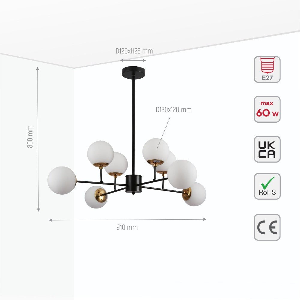 Size and specs of Chandelier Stilnovo Opal Globe Black Body with 8xE27 Fitting | TEKLED 159-17322