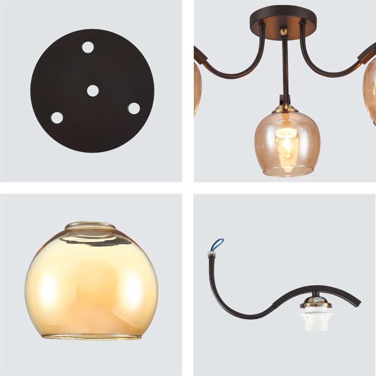 TEKLEDSemi-Flush Ceiling LightAmber Glass Black Semi-Flush Ceiling Light E27158-193621Dark Brown5 Lamp9