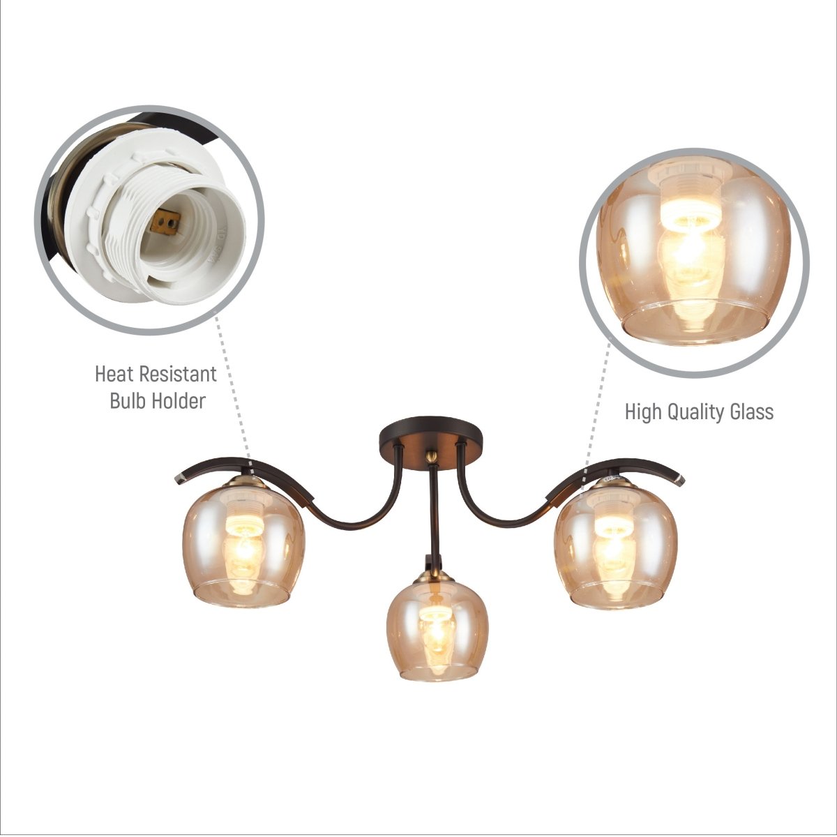 TEKLEDSemi-Flush Ceiling LightAmber Glass Black Semi-Flush Ceiling Light E27158-193621Dark Brown5 Lamp10