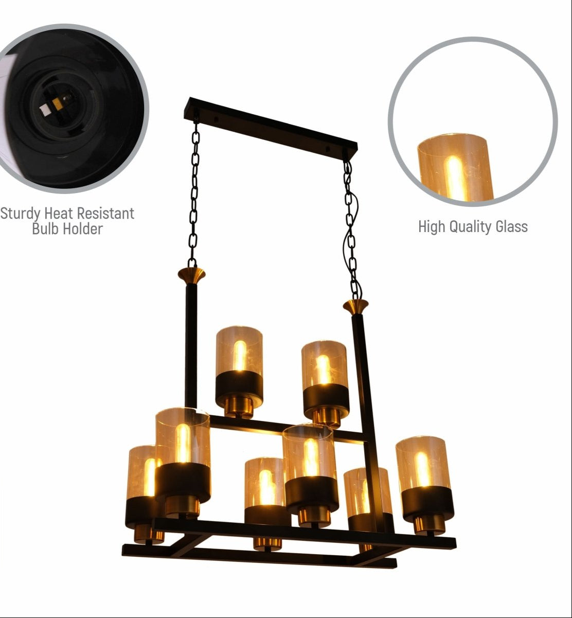 Close up shots of Amber Cylinder Glass Black Metal Chandelier with 8xE27 Fitting | TEKLED 158-19586