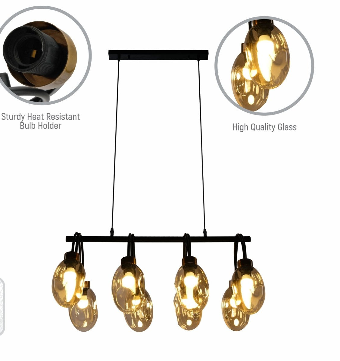 Close up shots of Amber Glass Black Metal Island Chandelier with 8xE27 Fitting | TEKLED 158-19574