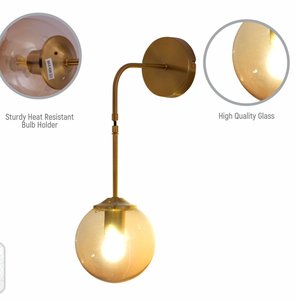 Close up shots of Amber Glass Gold Metal Pendant Wall Light with E27 Fitting | TEKLED 151-19730