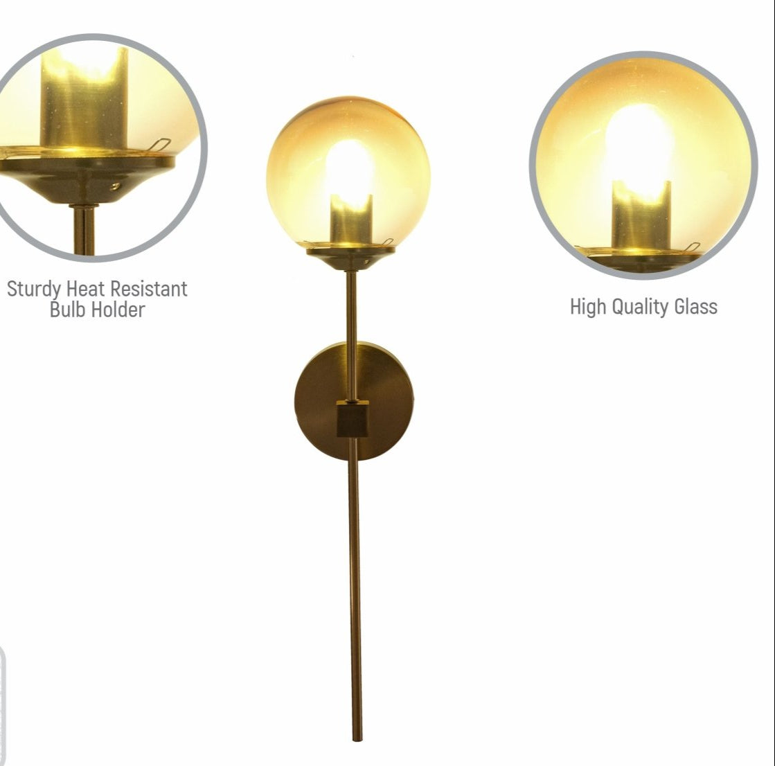 Close up shots of Amber Glass Gold Metal Wall Light L with E27 Fitting | TEKLED 151-19728