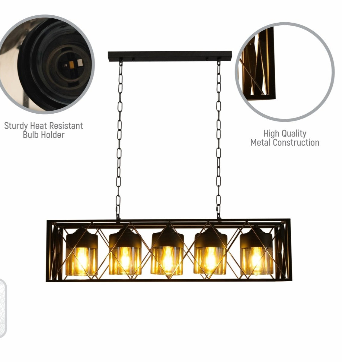 Close up shots of Black Caged Metal Amber Cylinder Glass Island Chandelier with 5xE27 Fitting | TEKLED 158-19580