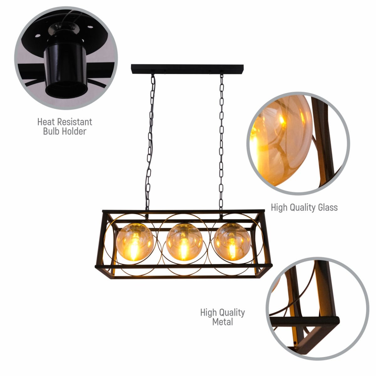 Close up shots of Black Cuboid Metal Amber Globe Glass Island Chandelier Ceiling Light with 3xE27 | TEKLED 150-18080