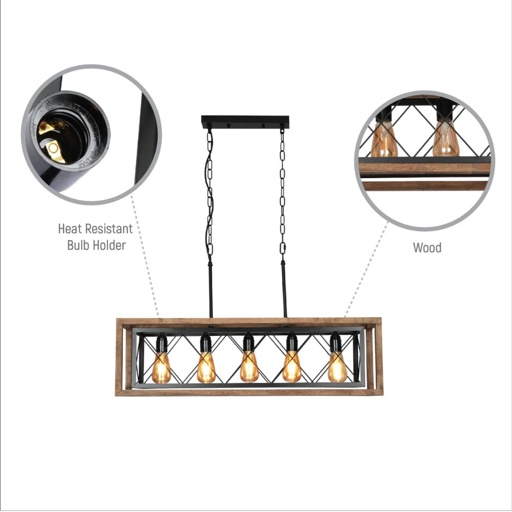 Close up shots of Black Metal Cage Old Wood Cuboid Kitchen Island Chandelier Ceiling Light with 5xE27 | TEKLED 159-17860