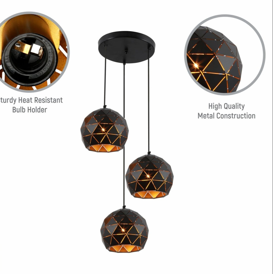 Close up shots of Black Metal Laser Cut Globe Pendant Light with 3xE27 Fitting | TEKLED 150-18256