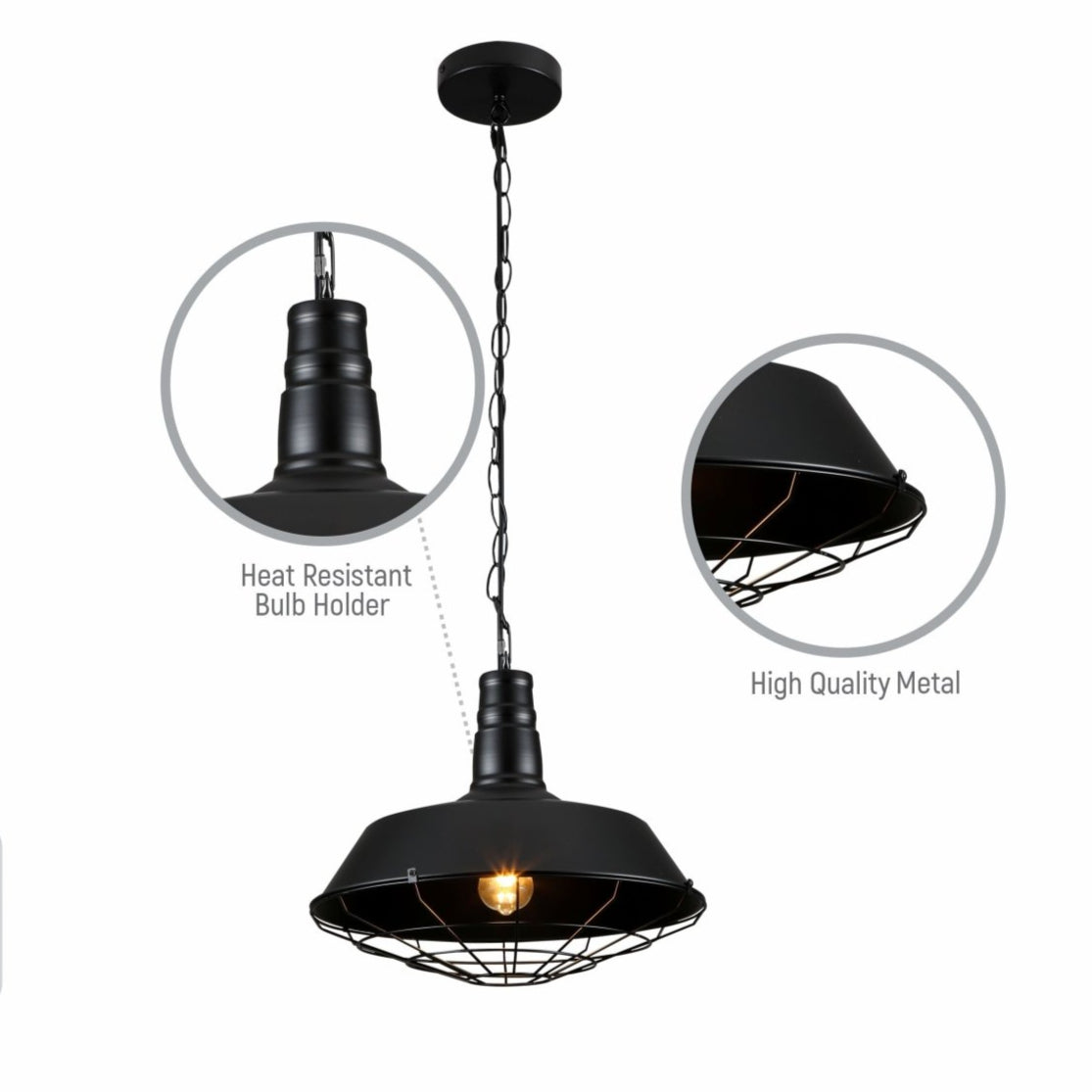 Close up shots of Black Step Caged Industrial Metal Ceiling Pendant Light with E27 Fitting | TEKLED 150-18362