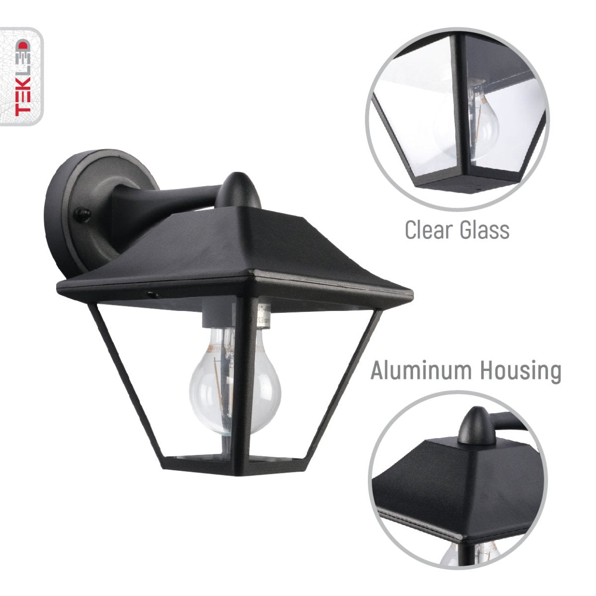 Close up shots of Downward Wall Lamp Matt Black Clear Glass E27 | TEKLED 252-15452