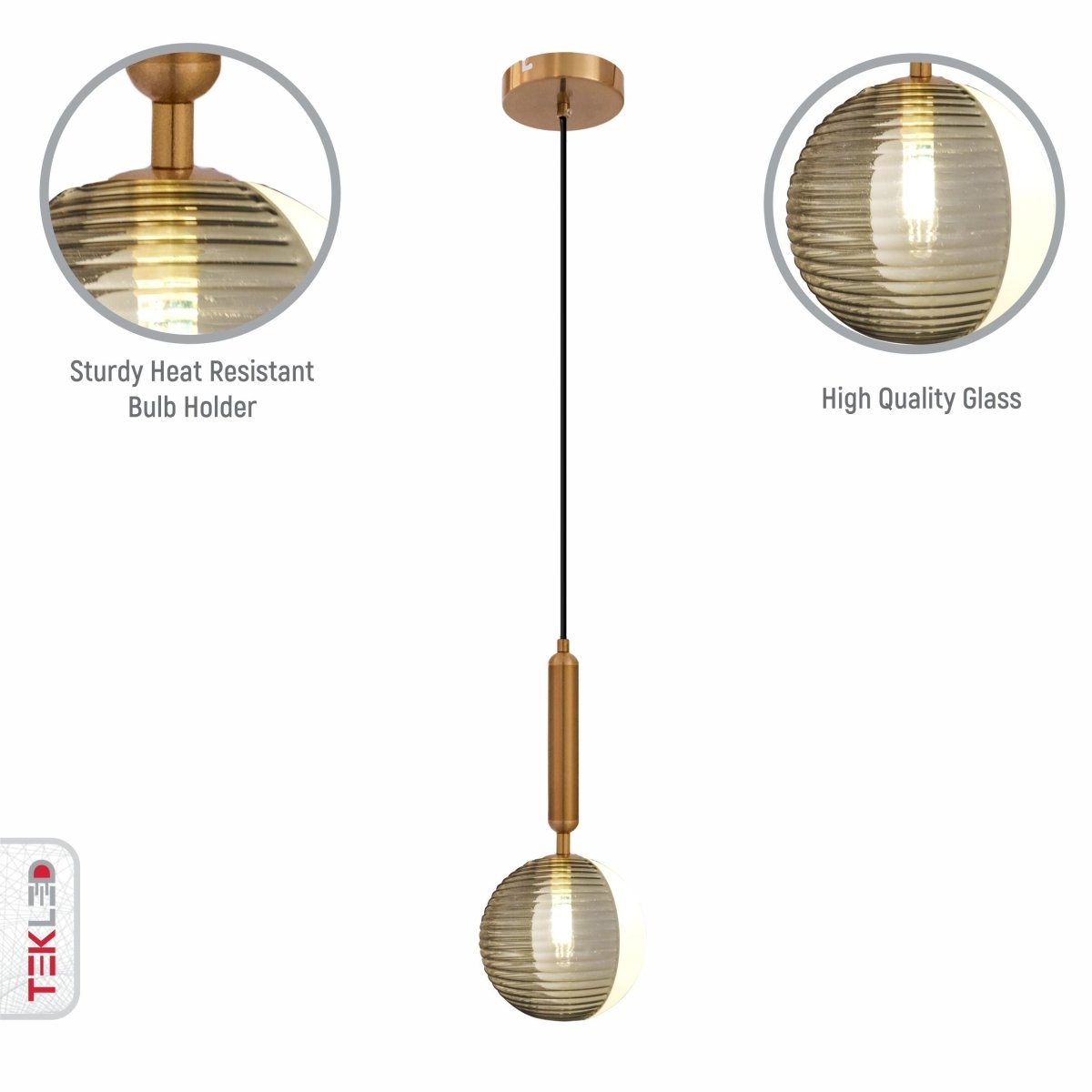 Close up shots of Half Opal Half Smoky Globe Gold Pendant Light with G9 Fitting | TEKLED 159-17506