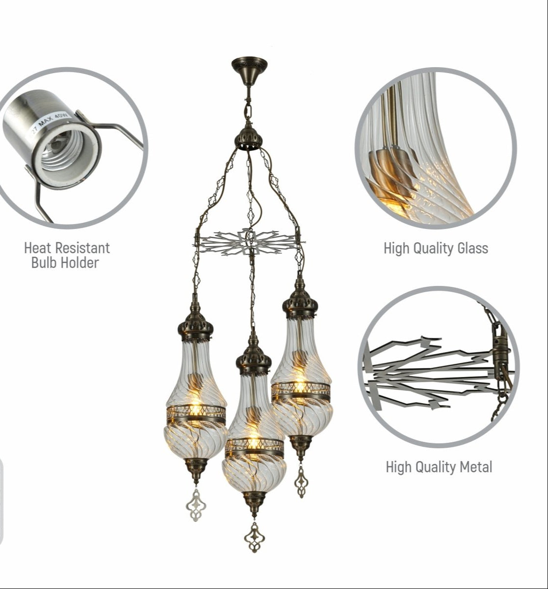 Close up shots of Moroccan Style Antique Brass and Clear Glass Ceiling Oriental Chandelier with 3xE27 | TEKLED 158-19555