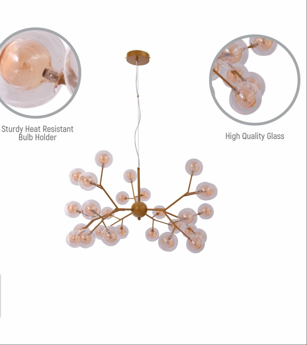 Close up shots of Neuron Model Gold and Amber Chandelier with 27xG4 Fittings | TEKLED 158-19616