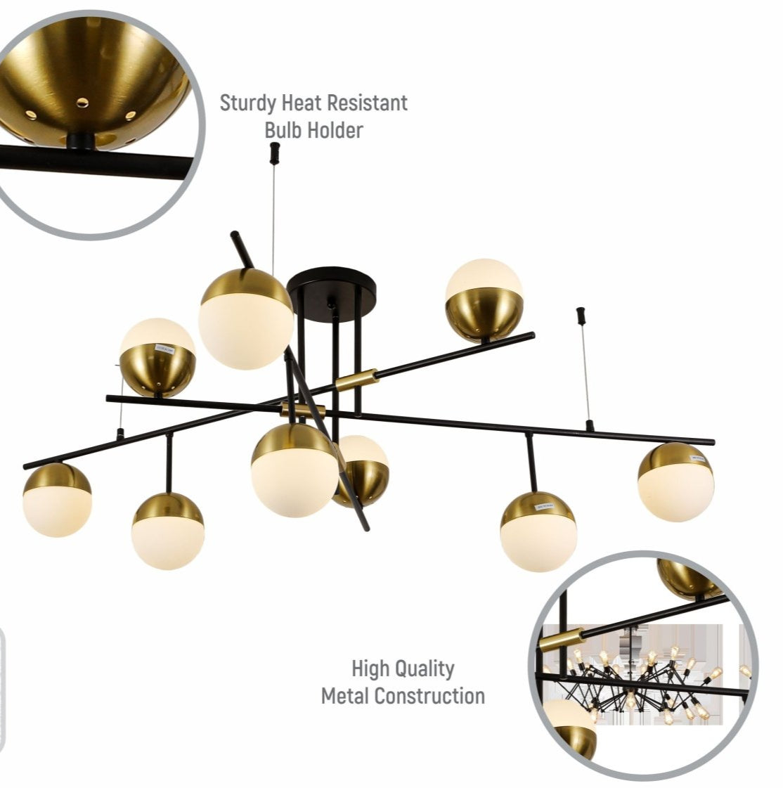 Close up shots of Opal Globe Glass Gold Black Metal Body Modern Nordic Chandelier with 9xG9 Fittings | TEKLED 159-17540