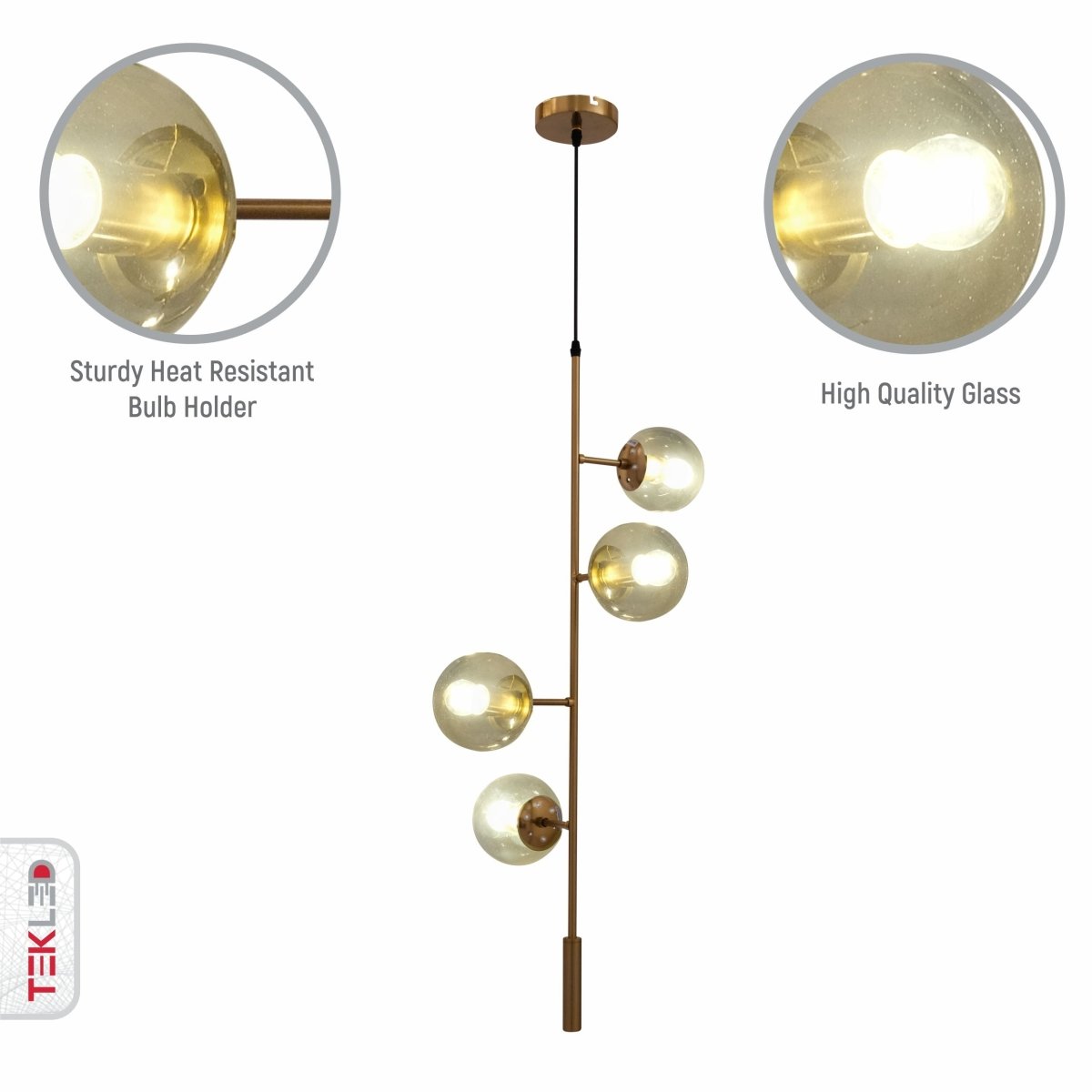 Close up shots of Smoky Globe Glass Gold Metal Body Upward Pendant Light with 4xE27 Fitting | TEKLED 159-17534