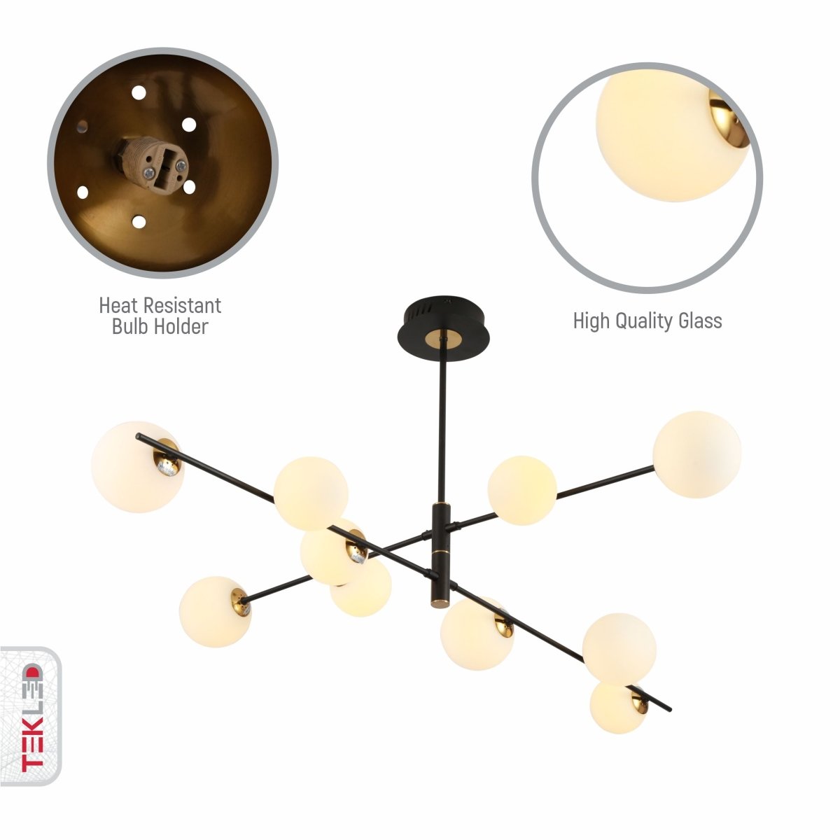 Close up shots of White Globe Glass Black Rod Body Ceiling Light Modern Sputnik Tiered Nordic Kitchen Island Chandelier with 10xG9 Fitting | TEKLED 159-17544