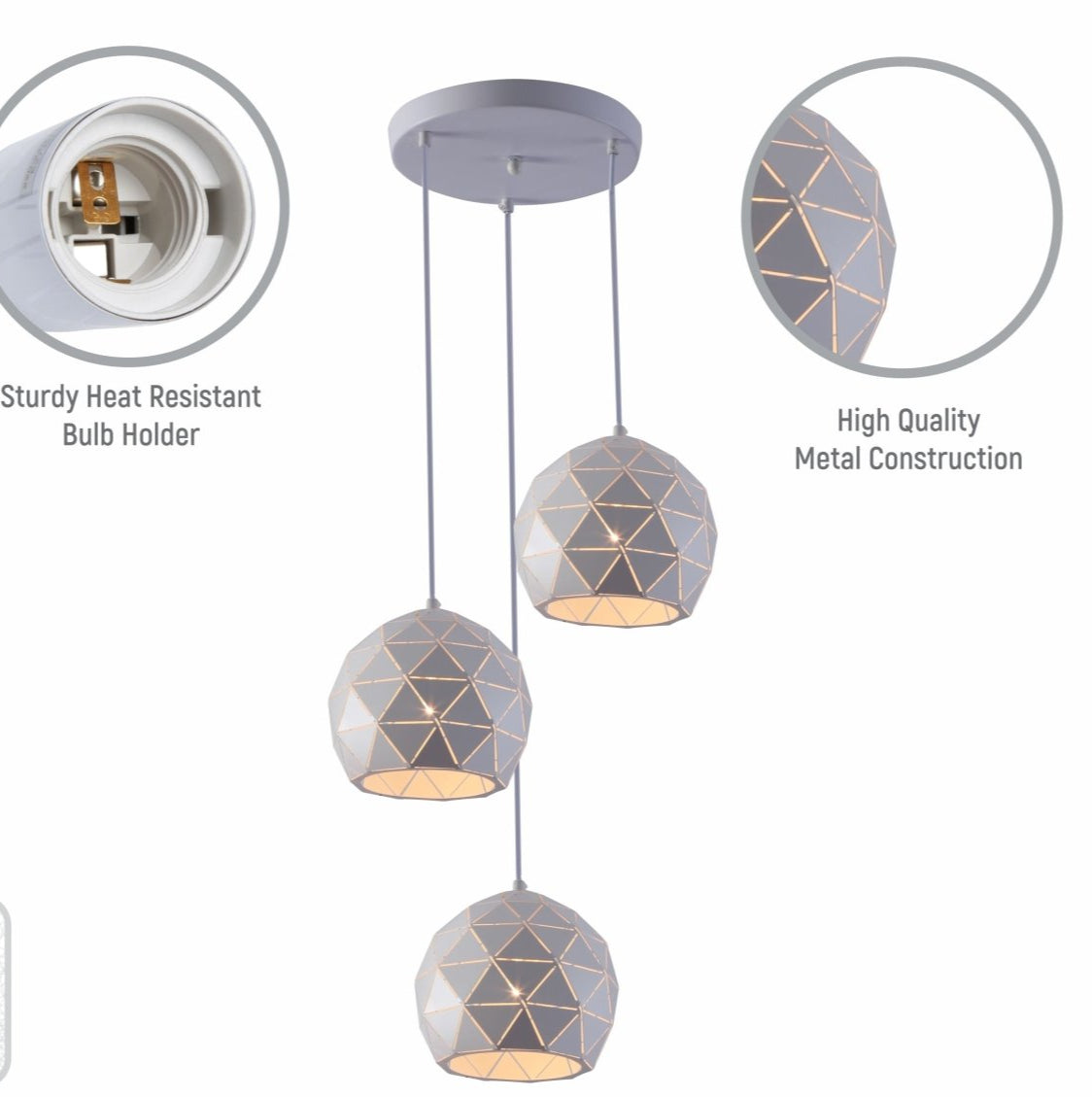 Close up shots of White Metal Laser Cut Globe Pendant Light with 3xE27 Fitting | TEKLED 150-18258