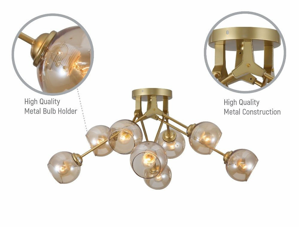 Features of amber glass dome gold aluminium bronze wishbone semi flush ceiling light 8xe27