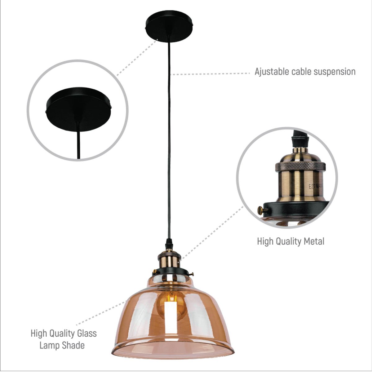 Close up shots of Amber Glass Dome Pendant Ceiling Light with E27 | TEKLED 150-17804