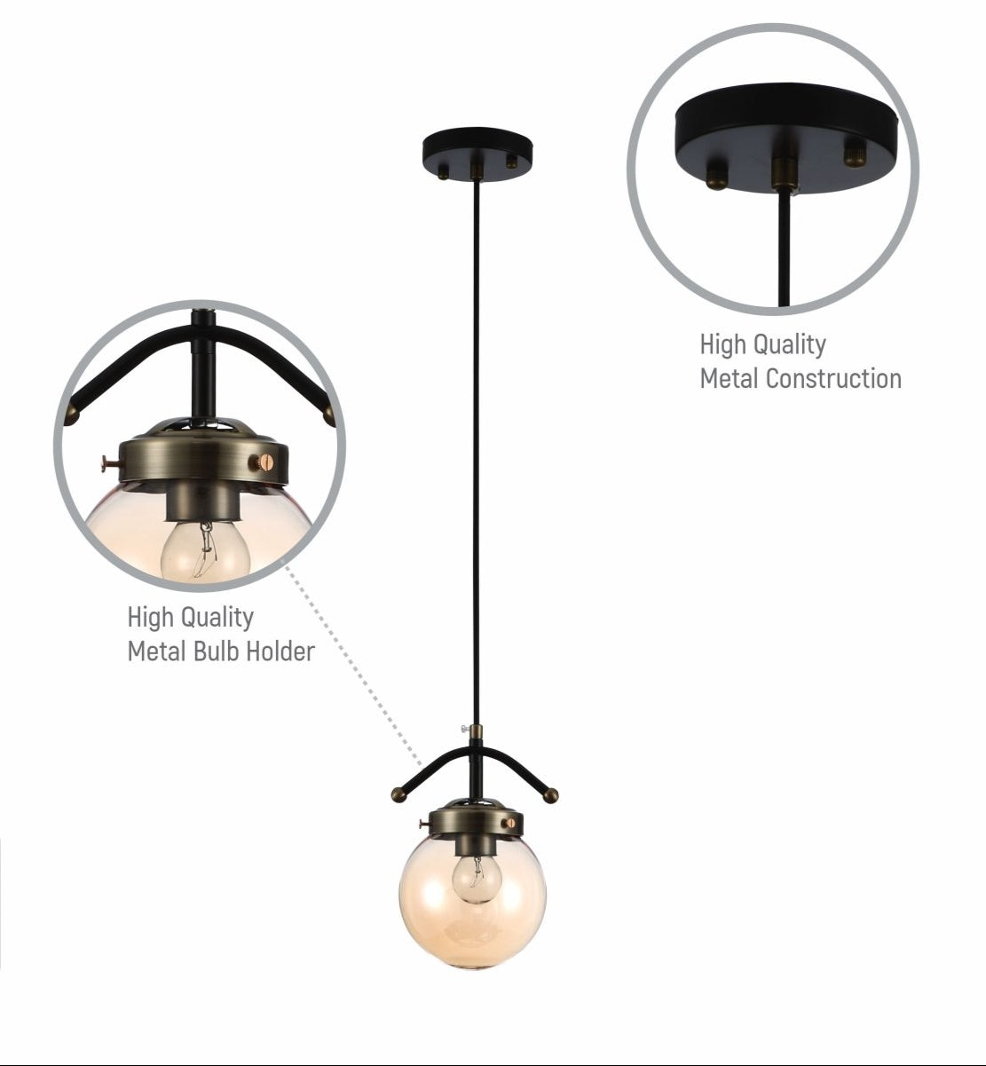 Features of amber glass globe black and antique brass pendant light e27