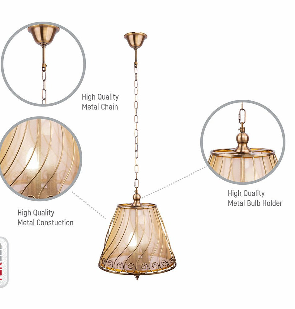 Features of antique brass caged frustum pendant light 3xe14