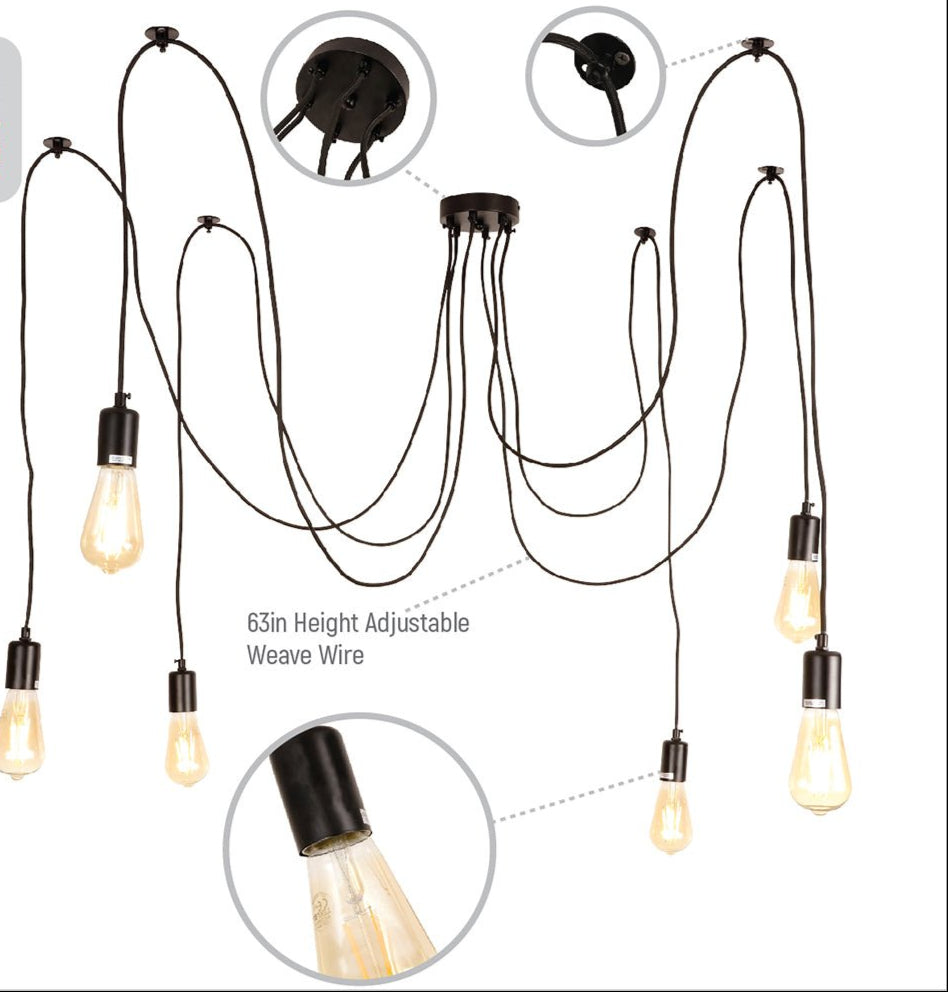 Features of black cord spider chandelier with 6xe27 fitting