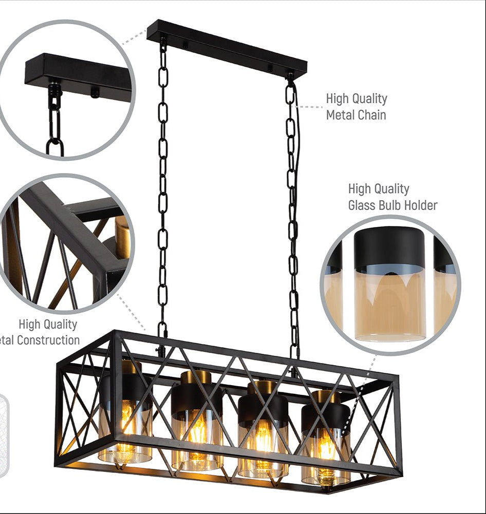 Features of black cuboid metal amber cylinder glass island chandelier with 4xe27 fitting