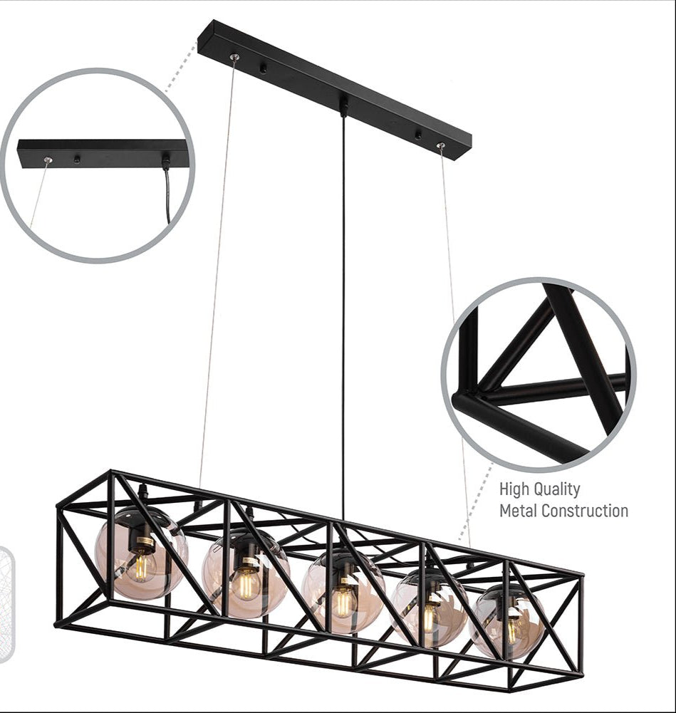 Features of black cuboid metal cylinder amber glass island chandelier with 5xe27 fitting