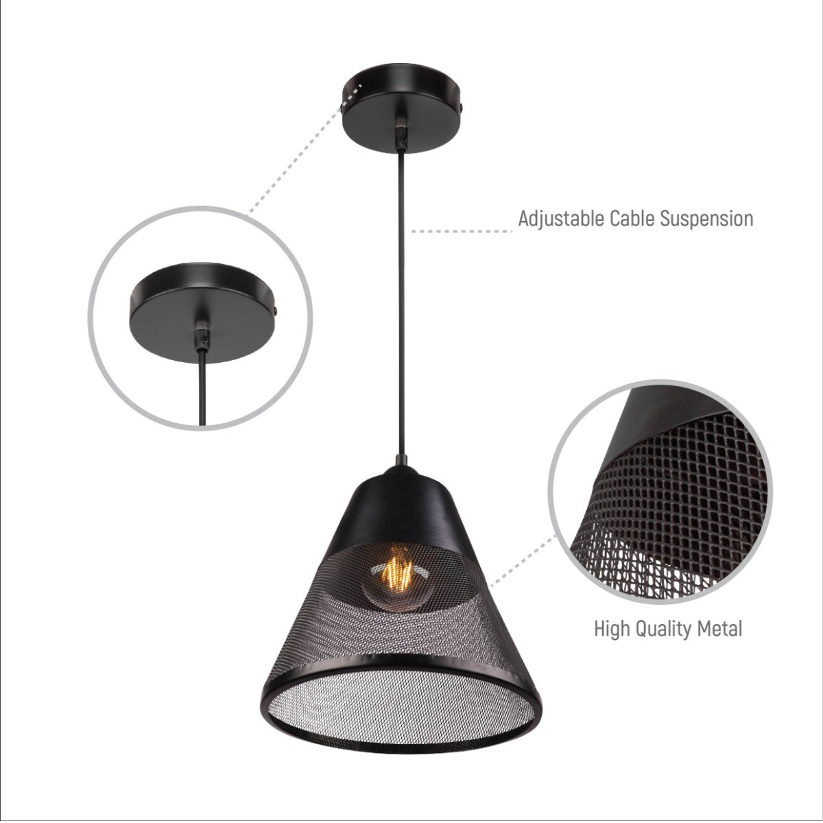 Close up shots of Black Metal Funnel Pendant Ceiling Light with E27 | TEKLED 150-18063