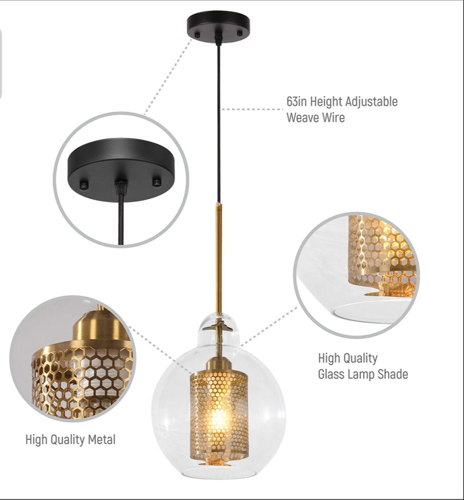 Features of golden metal clear glass globe pendant light with e27 fitting